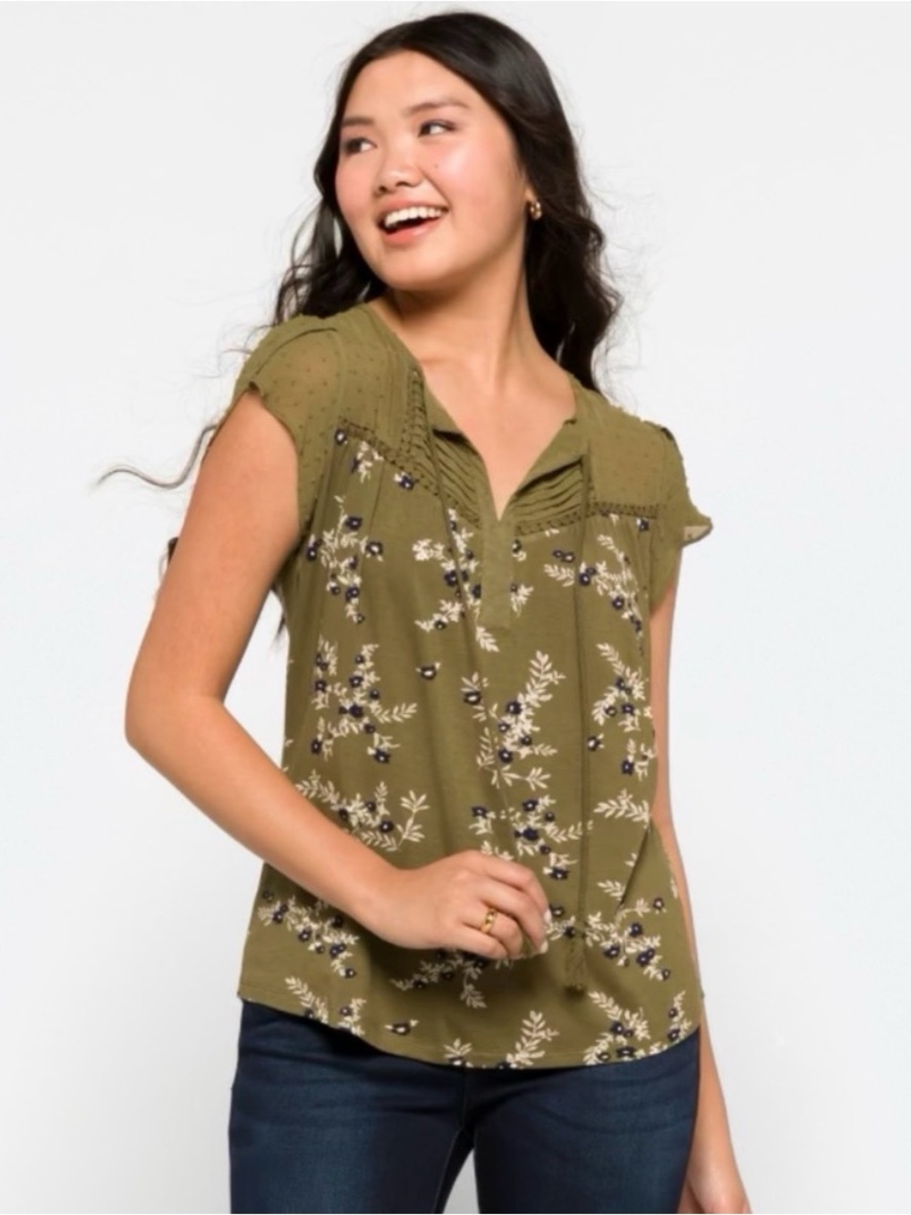 Women's Olive Floral Cap-Sleeve Top